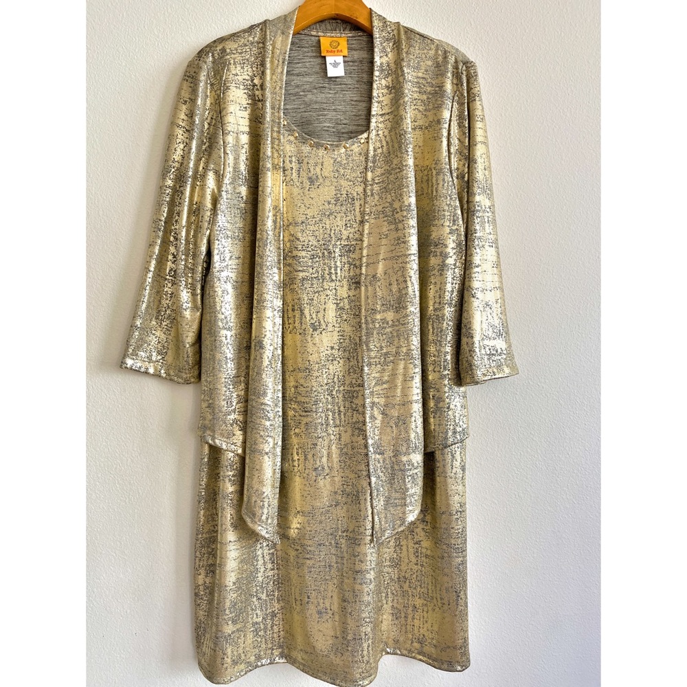 Ruby Rd. Gold Metallic Long Sleeves Midi Cocktail Dress Size L